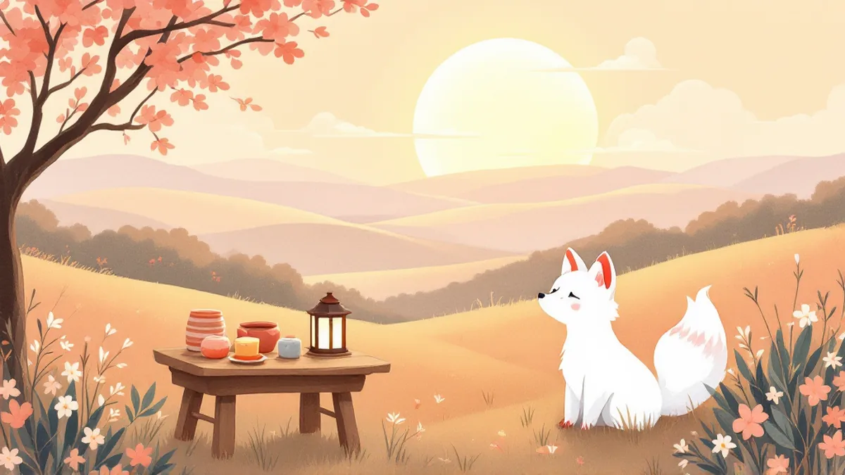 やわらかな夕日に照らされた丘で、手作りの器とランタンのそばに座る白いきつね