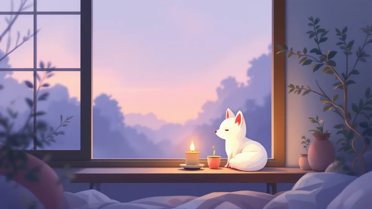 夕暮れの窓辺で、ろうそくの灯りとお茶のそばに座り、目を閉じてくつろぐ白いきつね
