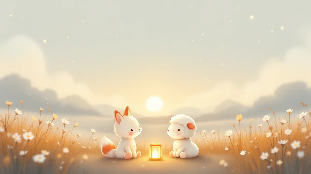 夕暮れの草原で羊とランタンを囲む白い狐のイラスト