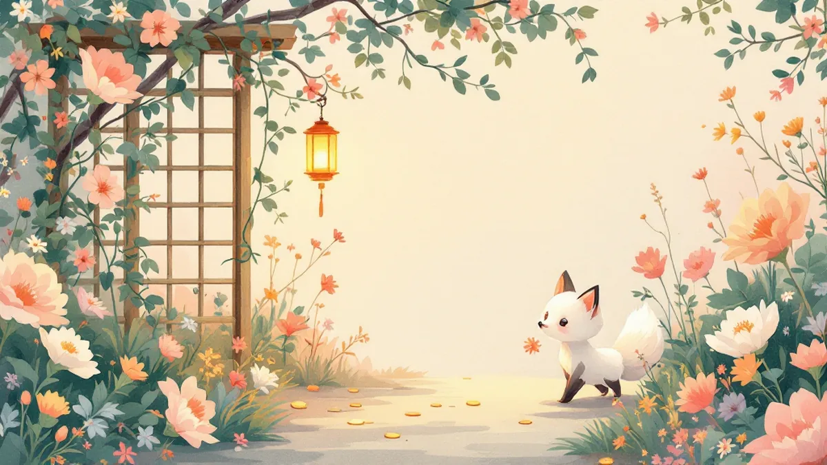 草花とつる草の庭で、ランタンの灯りのそばを楽しそうに歩く白いきつね