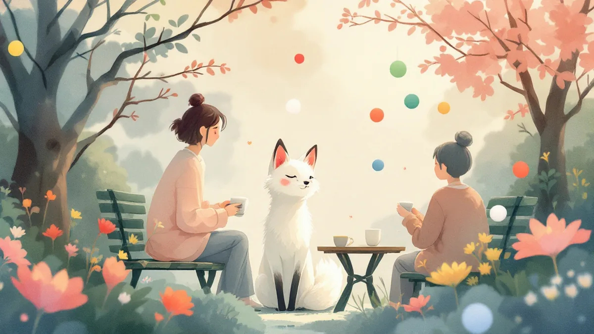 二人の間で五色の光に囲まれる白い狐のイラスト