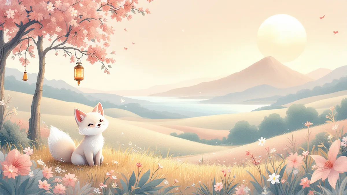 大樹や太陽、海など自然の風景の中に座る白いきつね