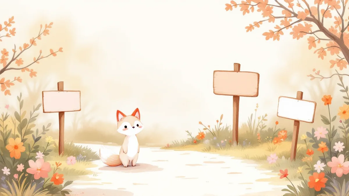 分かれ道で、いくつもの道しるべを見上げる白いきつね