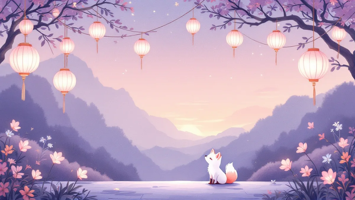 夕暮れの山あいで、灯りのともる提灯を静かに見上げる白いきつね